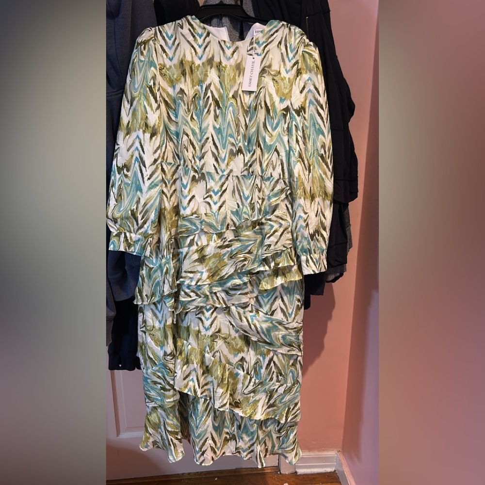Green and Blue Long Sleeve Sundress with Bishop Sleeves
